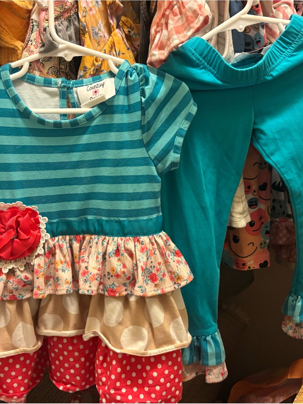 Counting Cuties Teal Stripe Floral Ruffle Girls Matching Set